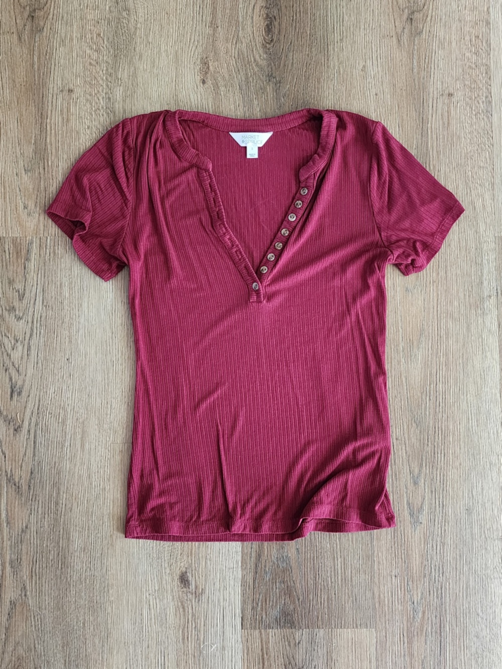 Market & Spruce Ribbed Button-Front Short Sleeve Top - Wine